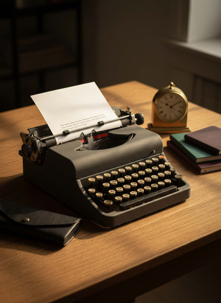 An antique typewriter in brushed charcoal metal, with round ivory keys and faintly worn letters, sits centered on a solid oak table. A single sheet of crisp white paper is rolled into the carriage, bearing just a few lines of indistinct text near the top. Around it, carefully arranged objects—a brass desk clock, a small stack of clothbound notebooks, and a black reading glasses case—suggest a writer mid-process. Warm golden-hour light pours sideways across the scene, catching dust motes in the air and creating long shadows that stretch toward the viewer. Captured in photographic realism from a low, cinematic angle, the mood is nostalgic, introspective, and quietly dramatic, ideal for showcasing authorial identity.