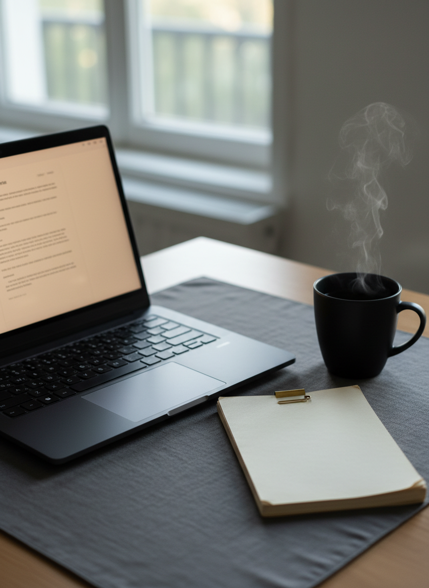 A sleek, modern laptop with a matte black finish sits slightly off-center on a charcoal-grey linen desk pad, its screen glowing softly with an open document of delicately blurred text. Beside it, a neatly stacked pile of printed pages is secured with a brass paperclip, their corners slightly worn. A ceramic ink-black mug of tea sends up a thin wisp of steam. Cool, diffused morning light from a large window outside the frame bathes the scene, creating gentle reflections on the laptop’s surface. Shot from a slightly elevated angle in photographic realism, the composition feels clean, focused, and sophisticated, evoking the discipline and quiet intensity of a working writer’s space.