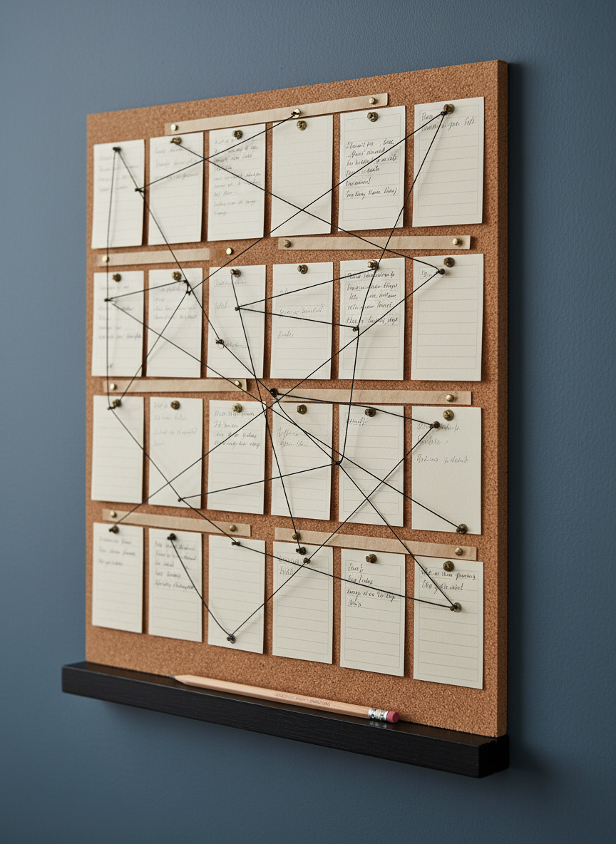 A close-up of a meticulously organized corkboard mounted on a deep slate-blue wall, covered with cream-colored index cards and narrow strips of paper connected by thin black thread. Each card bears blurred, handwritten notes, some pinned with brass tacks, others partially overlapping. A well-sharpened wooden pencil rests on the narrow black ledge at the bottom of the board. Soft, indirect studio lighting creates minimal shadows and emphasizes the rich textures of paper and cork. Photographic realism with a slightly off-center, rule-of-thirds composition gives a sense of structured creativity and plotting, echoing the intricate planning behind sophisticated storytelling and creative writing craft.